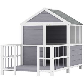 Outdoor Dog House, 61"L Wooden Dog House with Porch, Weatherproof Roof, Elevated Base, Air Vents & Observation Windows