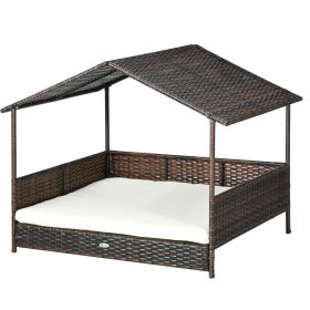 PawHut Rattan Outdoor Dog Bed with Canopy Soft Cushion Removable Cover Medium Large Dogs Cream White