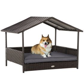 PawHut Wicker Dog Bed Outdoor, with Rattan Canopy, Elevated & Cushioned PE Rattan Dog / Cat House with Sleeping Pad, Gray