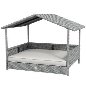PawHut Wicker Dog House Outdoor Canopy Rattan Bed Water-resistant Cushion Cream White