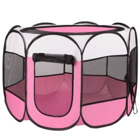 Portable Foldable Pet Playpen Exercise Pen Kennel Removable Zipper Top And Bottom Water Resistant Indoor Outdoor Use (Color: Pink)